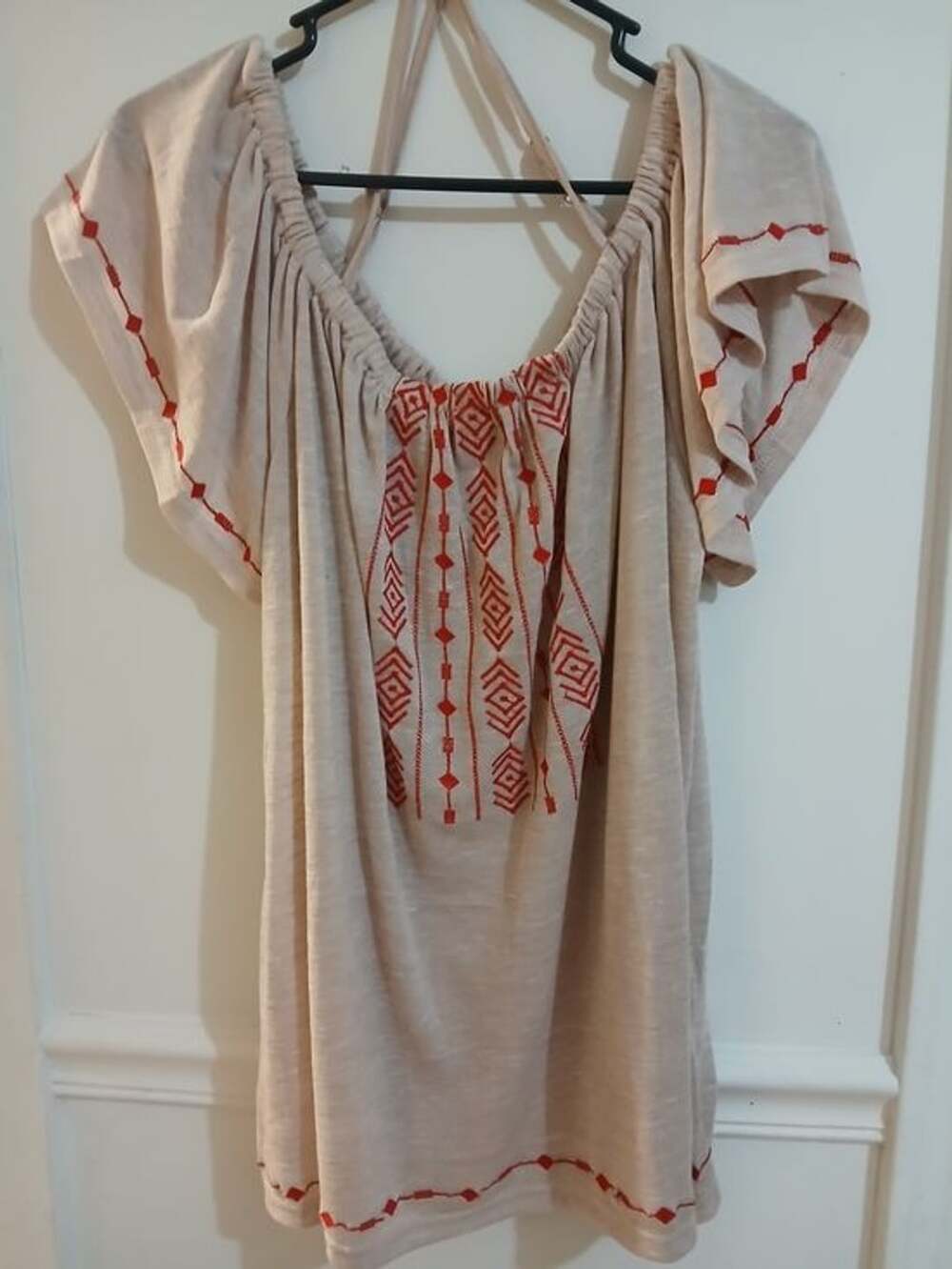 Kori Beige Tunic with Red Geometric Embroidery